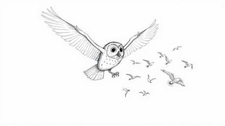 A heartwarming hand-drawn sketch in the style of Pixar shows a blind owl mid-flight, gracefully teaching a flock of birds. Th
