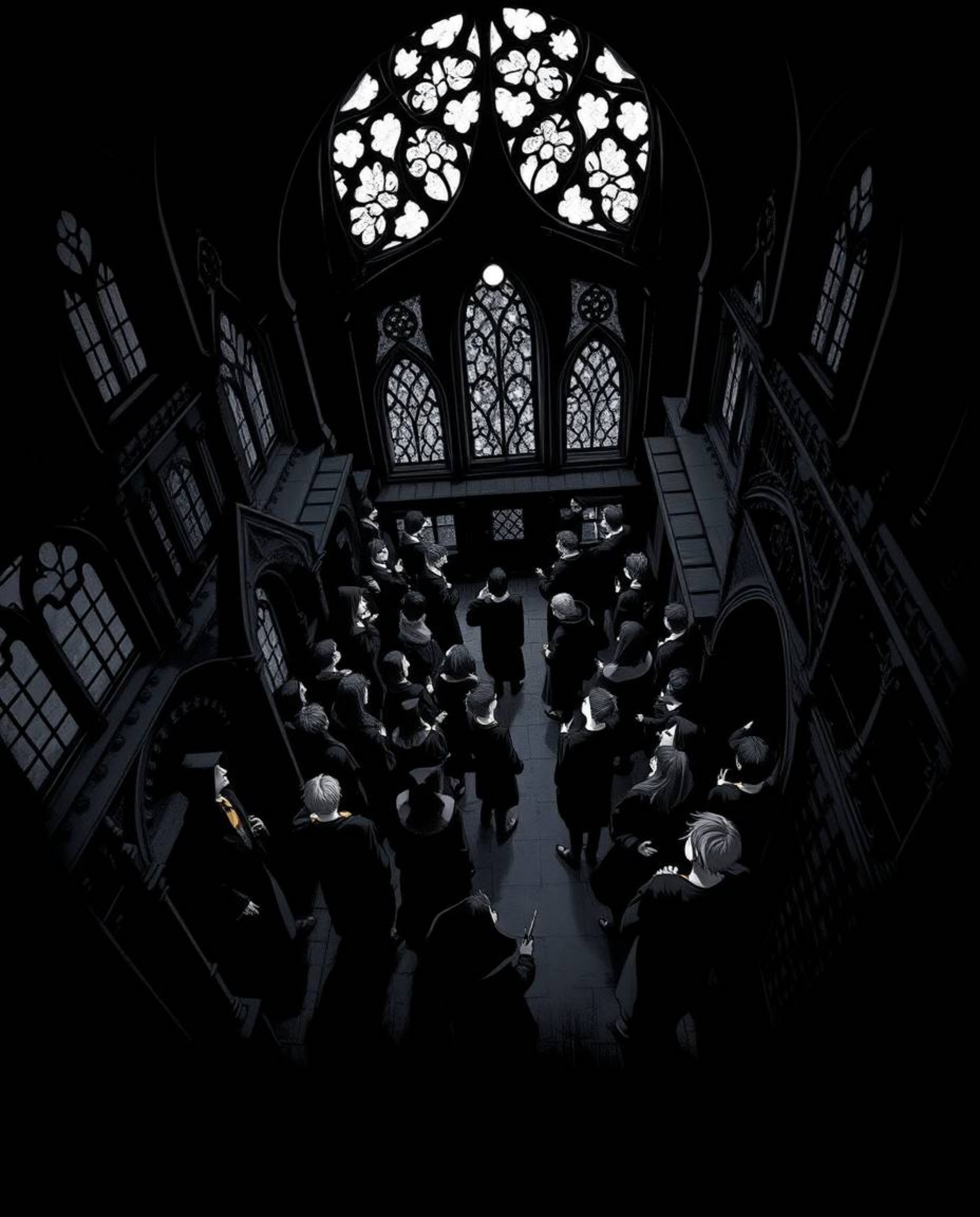 Immerse yourself in a captivating jet black illustration depicting a magical school teeming with young wizards. This high-ang