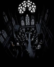 Immerse yourself in a captivating jet black illustration depicting a magical school teeming with young wizards. This high-ang