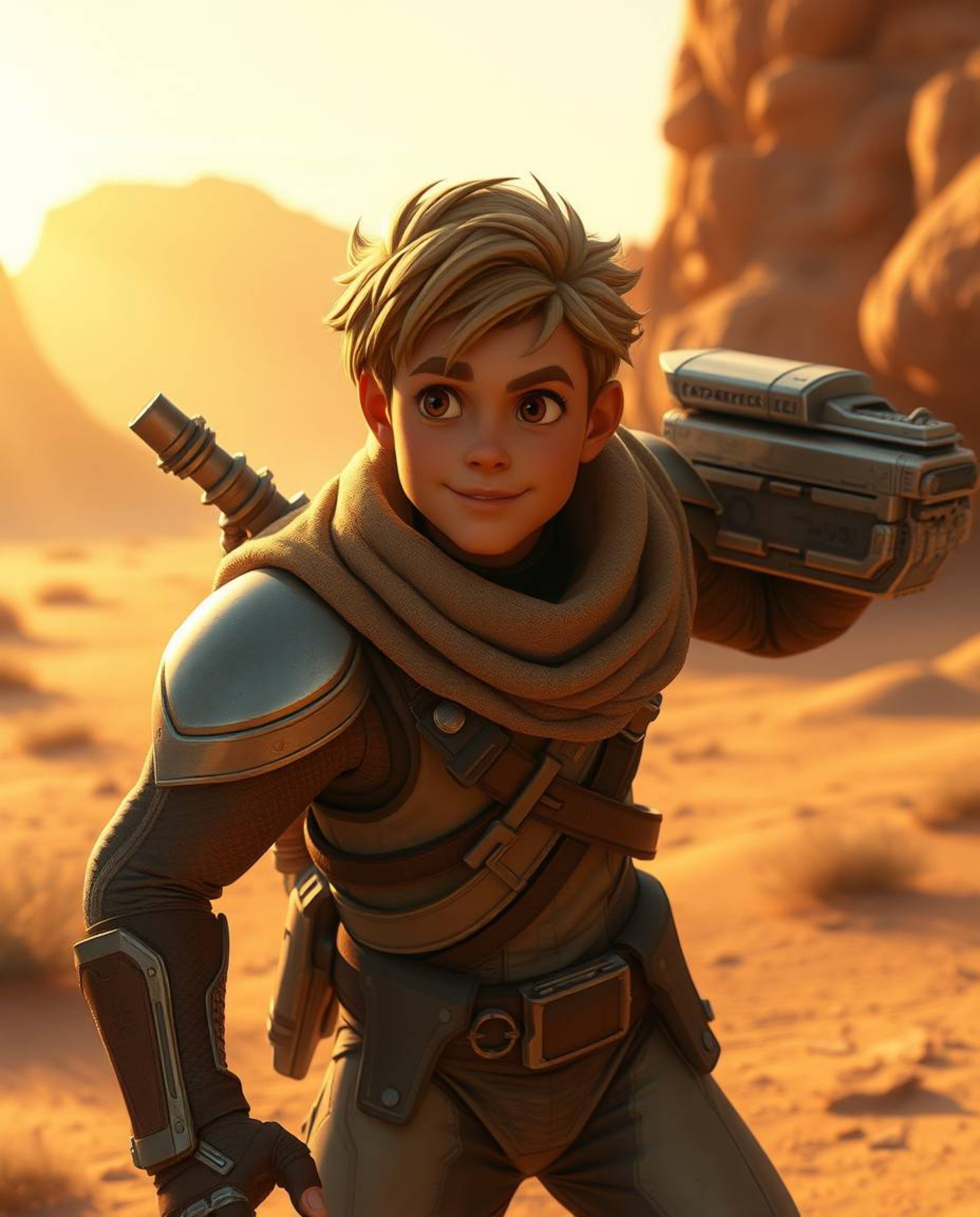 Embark on a thrilling sci-fi desert adventure with a brave, Disney-esque hero.  Experience stunning golden hour and sunrise/s