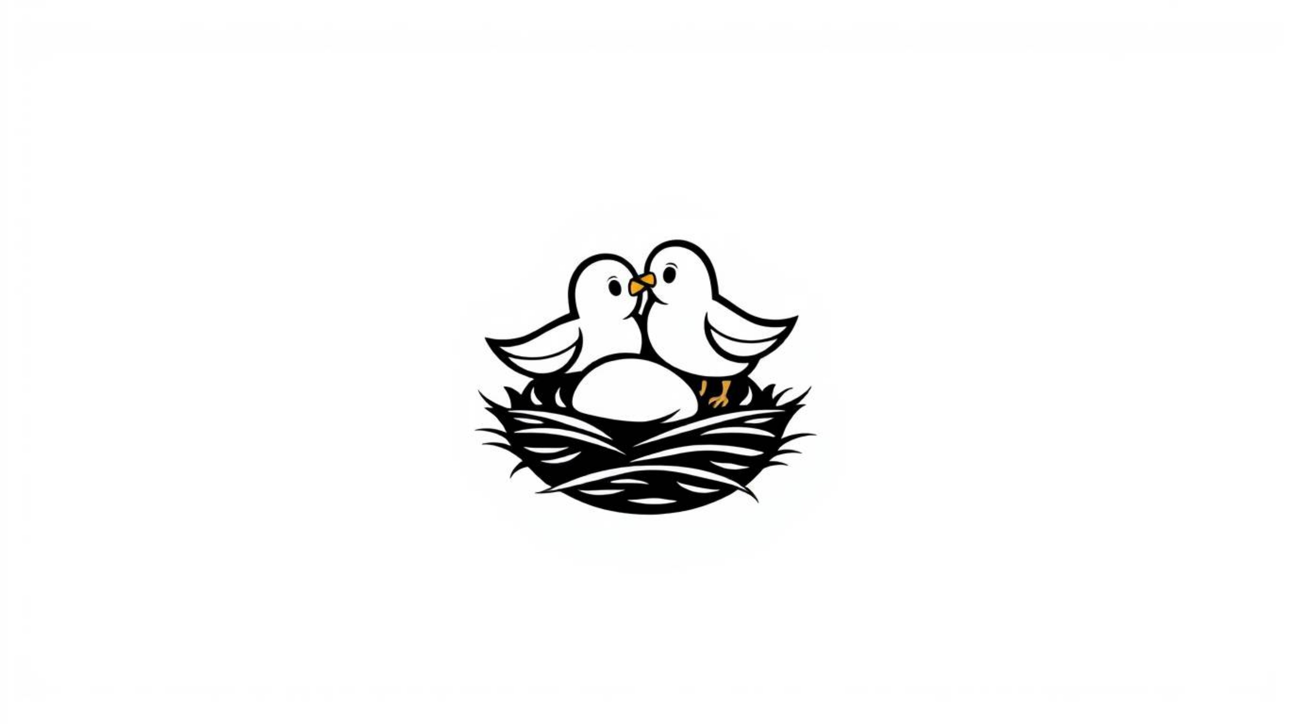 A timeless and elegant logo featuring two cartoon birds building a nest, designed in a classic animation style. The design u