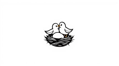 A timeless and elegant logo featuring two cartoon birds building a nest, designed in a classic animation style.  The design u
