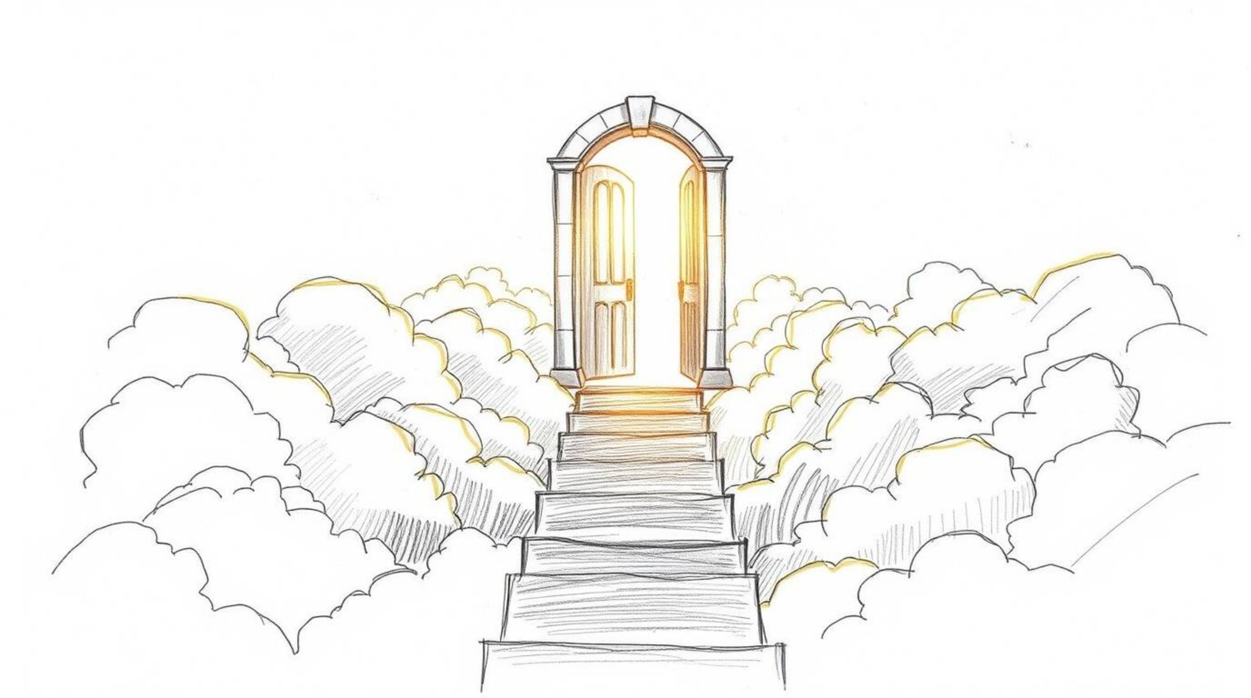 A hand-drawn sketch depicting a heavenly gate floating above the clouds, rendered in fantasy realism. The image features stai