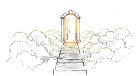 A hand-drawn sketch depicting a heavenly gate floating above the clouds, rendered in fantasy realism. The image features stai