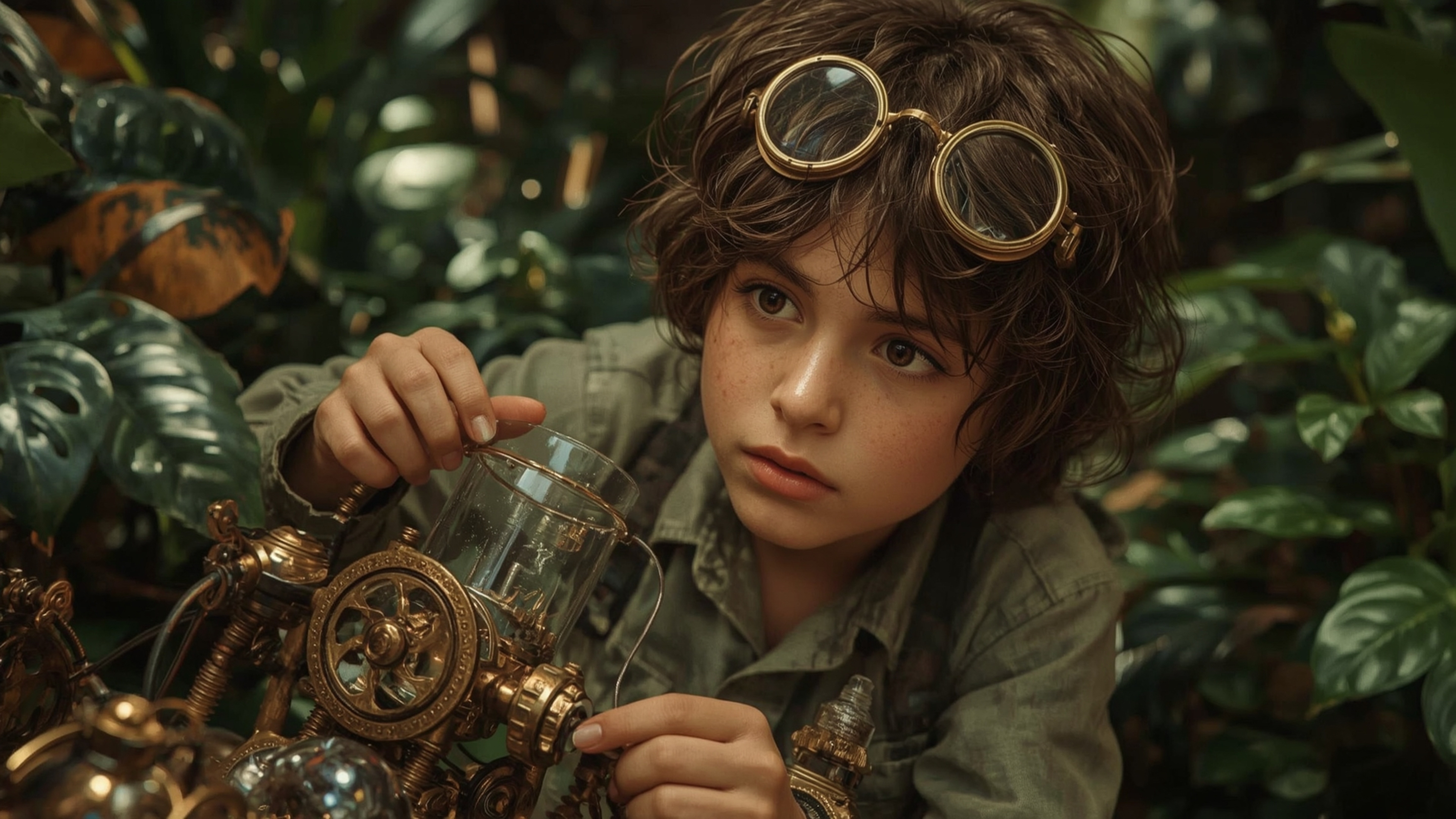 a highly detailed, cinematic photograph of a brilliant, freckled, homeschooled prodigy, reminiscent of Pixar's whimsical styl