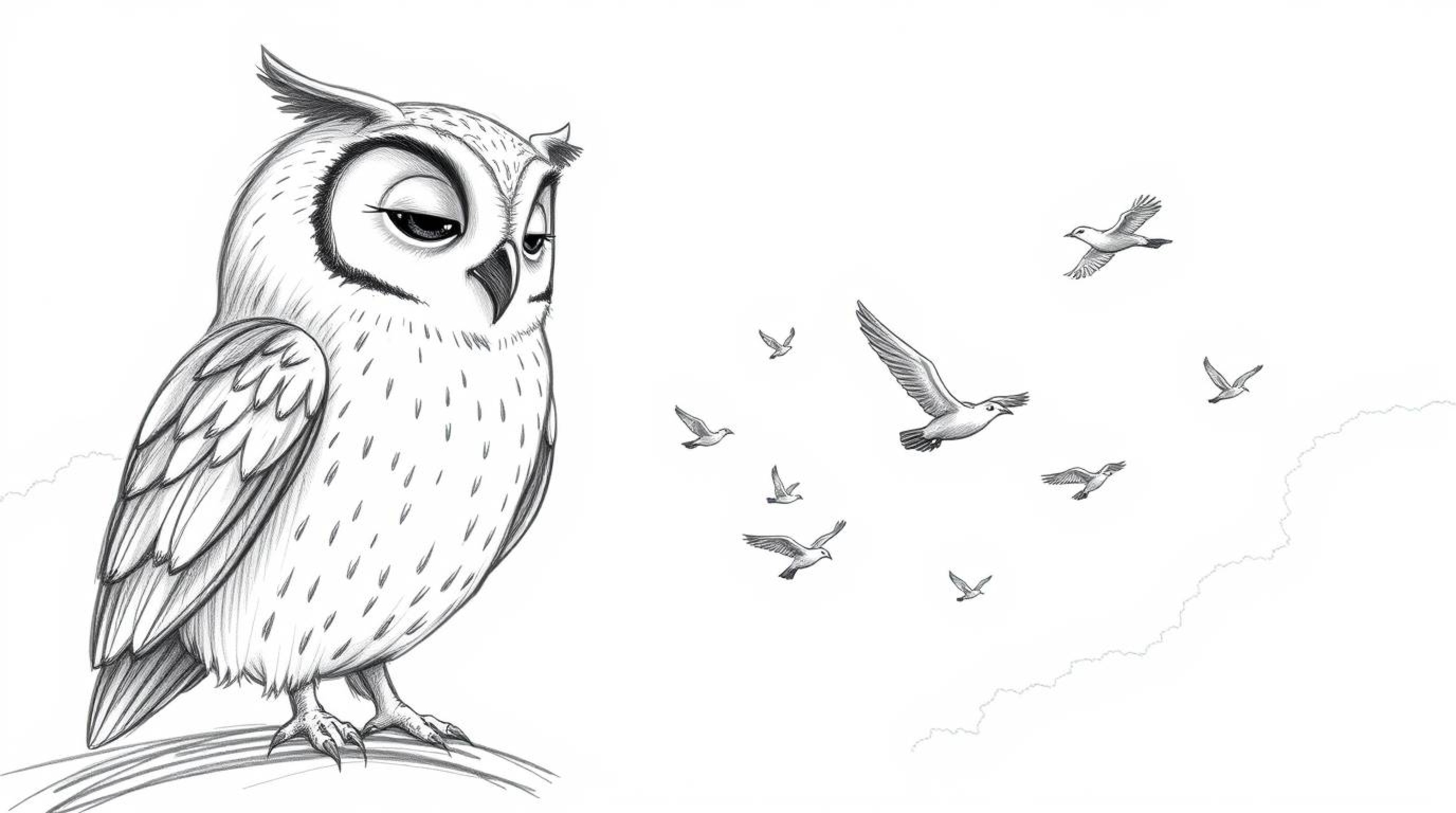 A heartwarming hand-drawn sketch in Pixar style depicts a blind owl with gentle, rounded features guiding a flock of birds as