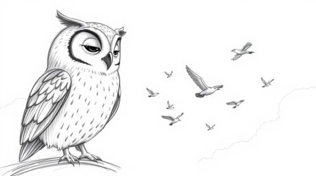 A heartwarming hand-drawn sketch in Pixar style depicts a blind owl with gentle, rounded features guiding a flock of birds as