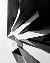 A striking acrylic painting showcasing a massive, heroic 3D geometric pattern that mimics folded paper. The artwork plays wit