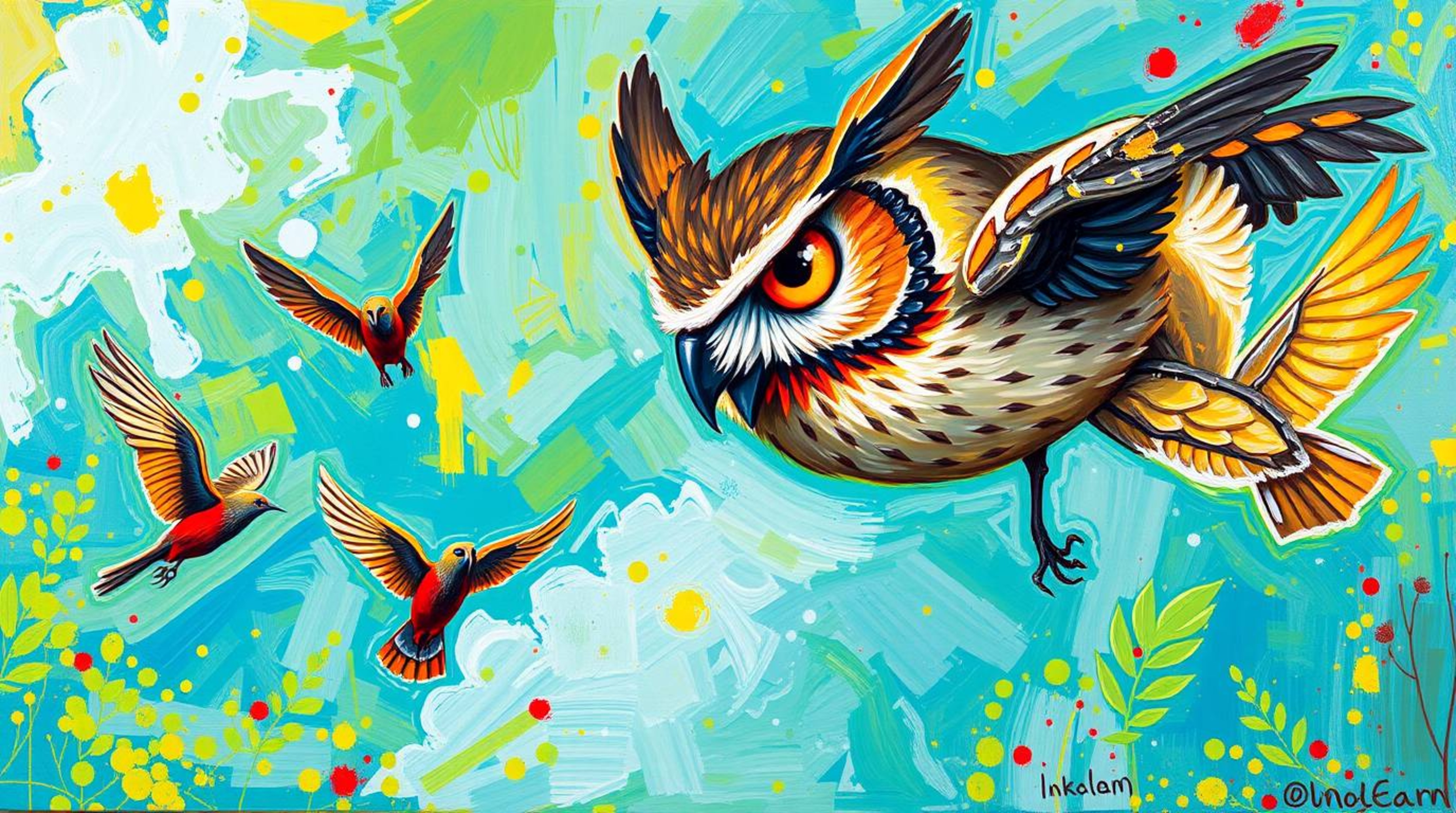 A bold acrylic painting depicts a Pixar-esque blind owl whispering words of encouragement to birds taking flight. The scene b
