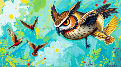 A bold acrylic painting depicts a Pixar-esque blind owl whispering words of encouragement to birds taking flight. The scene b