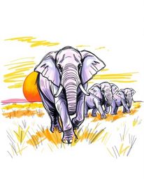 This is a hand-drawn color sketchnote depicting dynamic elephants walking across a sunset field. The artwork is characterized