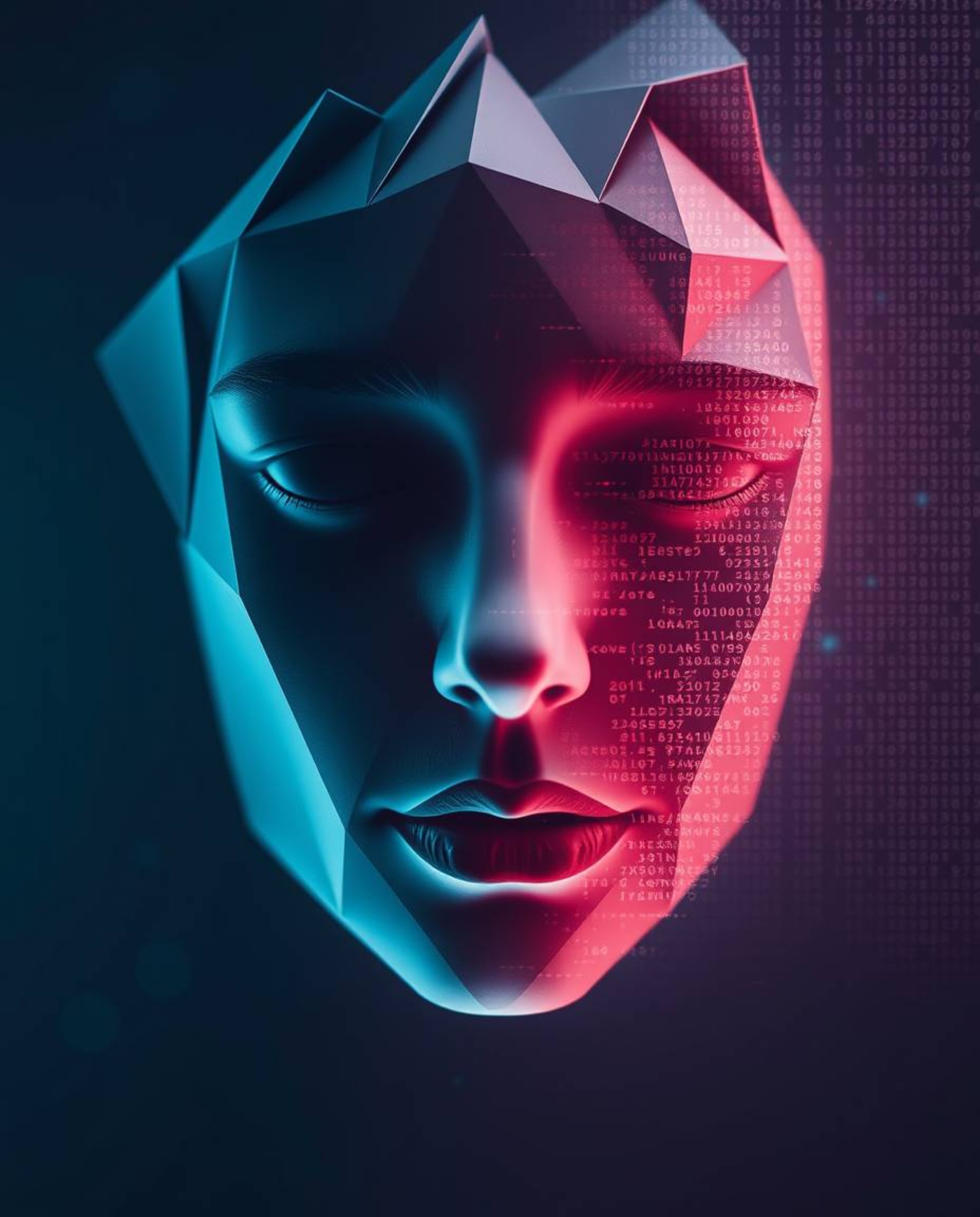 A captivating digital artwork depicts a human face transformed into a flowing data stream through a digital glitch effect.  R