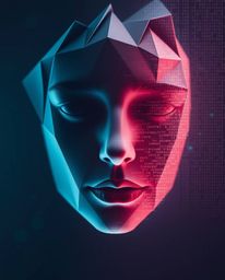 A captivating digital artwork depicts a human face transformed into a flowing data stream through a digital glitch effect.  R