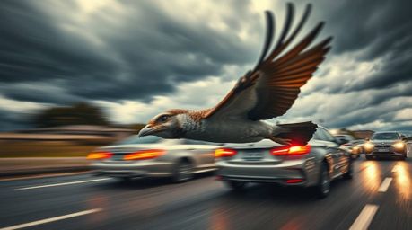 Experience the intense drama of a fast-running bird zooming past traffic in a tight close-up. This photorealistic image showc