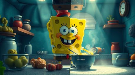 A captivating digital illustration featuring a charming sponge character immersed in the act of cooking within an intricately