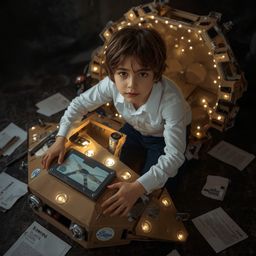 Exquisite high-fashion photography captures a boy with bright eyes building an intricately designed cardboard spaceship.  Lit
