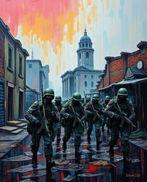 Immerse yourself in a bold acrylic painting depicting a wet, rainy battlefield scene. Time-warped soldiers stand amidst crumb