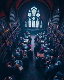 Experience a breathtaking view of a magical school teeming with young wizards, captured from a high angle that accentuates it