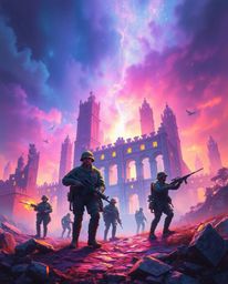 Explore a captivating battlefield scene rendered in vibrant light art, featuring time-warped soldiers amidst crumbling buildi