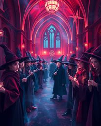 Discover captivating creative light art depicting a magical school brimming with sophisticated young wizards.  The artwork fe