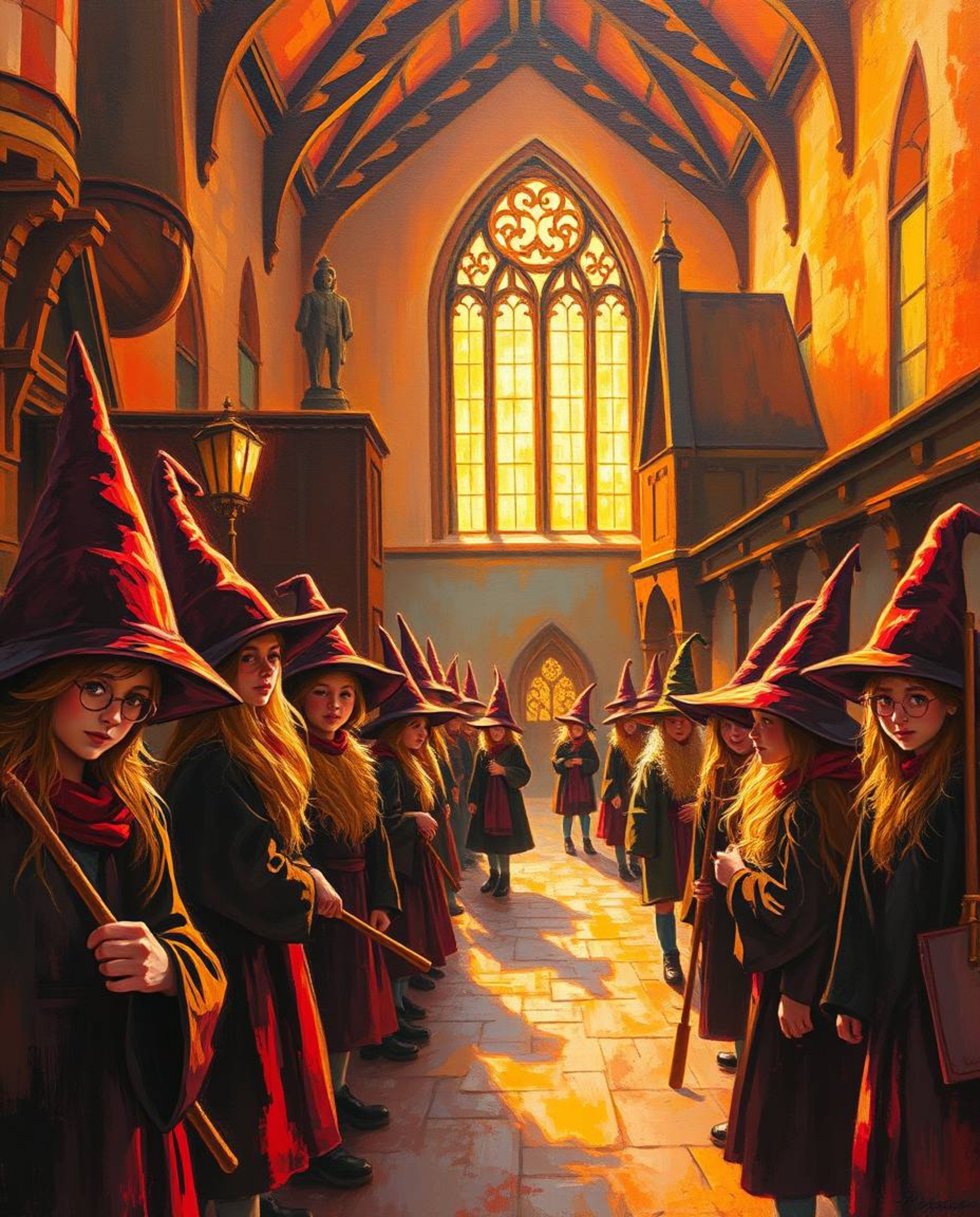 Discover a captivating oil painting depicting a magical school brimming with young wizards. Bathed in the warm glow of golden