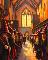 Discover a captivating oil painting depicting a magical school brimming with young wizards. Bathed in the warm glow of golden