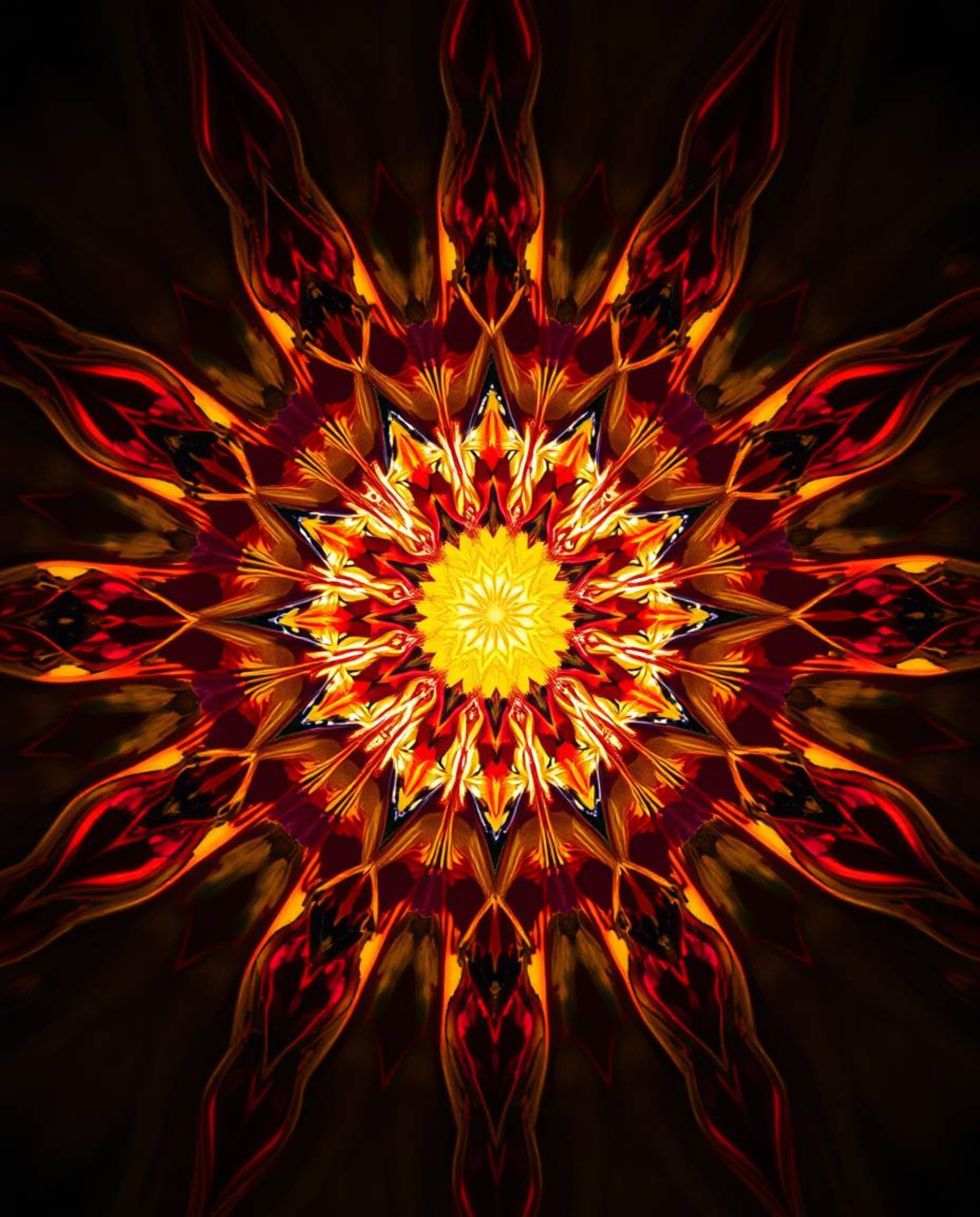 This artwork features a captivating high-angle perspective of a radiant geometric floral mandala. The design showcases vibran
