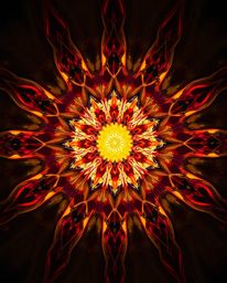 This artwork features a captivating high-angle perspective of a radiant geometric floral mandala. The design showcases vibran