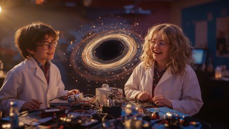 a cinematic, high-contrast photograph of two excited science fair participants, a boy with messy brown hair and glasses, and 