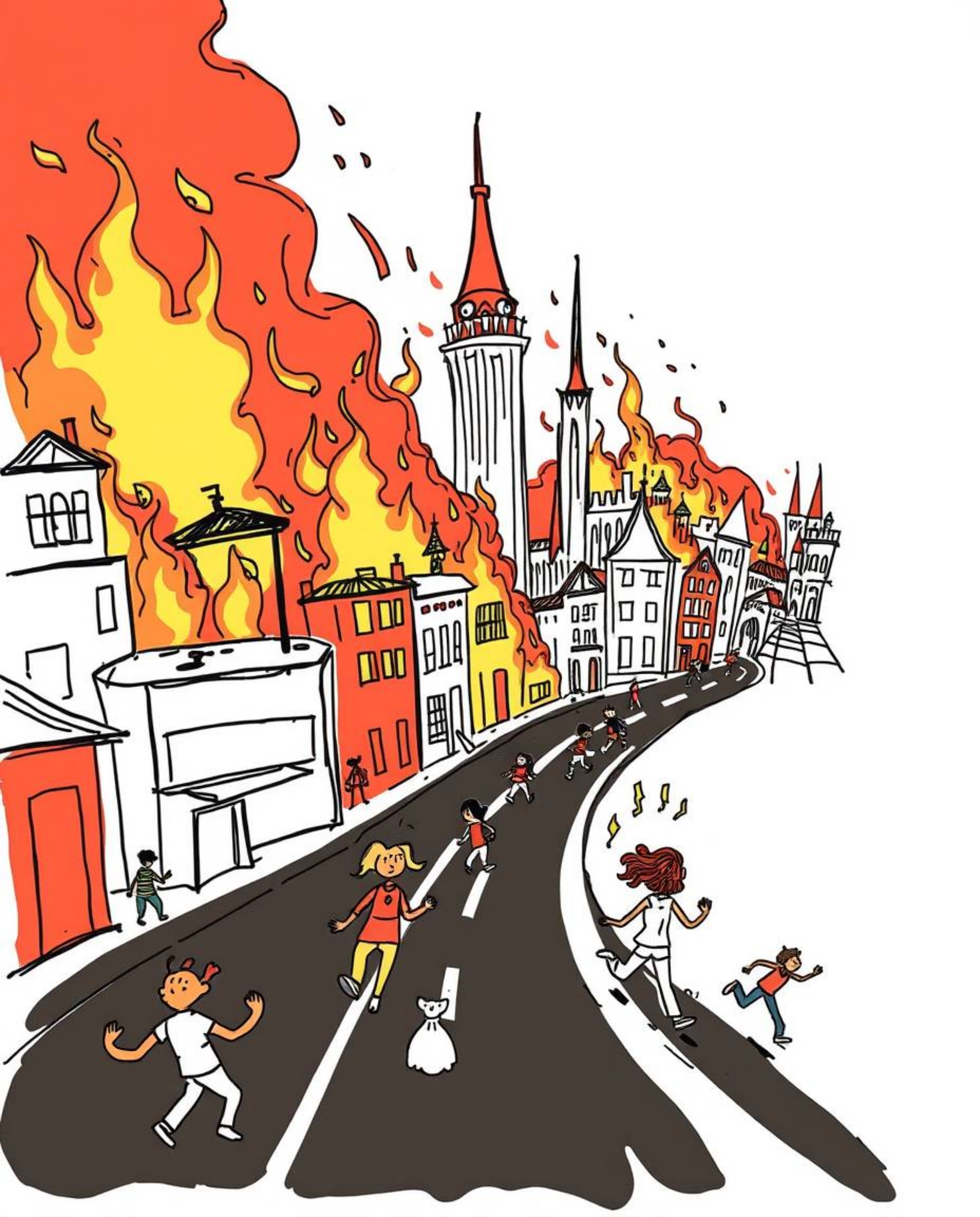 A charming, yet chaotic, hand-drawn sketch depicts a city engulfed in flames, rendered in a colorful sketchnote style. Despit