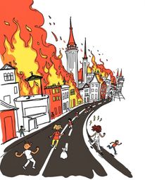 A charming, yet chaotic, hand-drawn sketch depicts a city engulfed in flames, rendered in a colorful sketchnote style. Despit