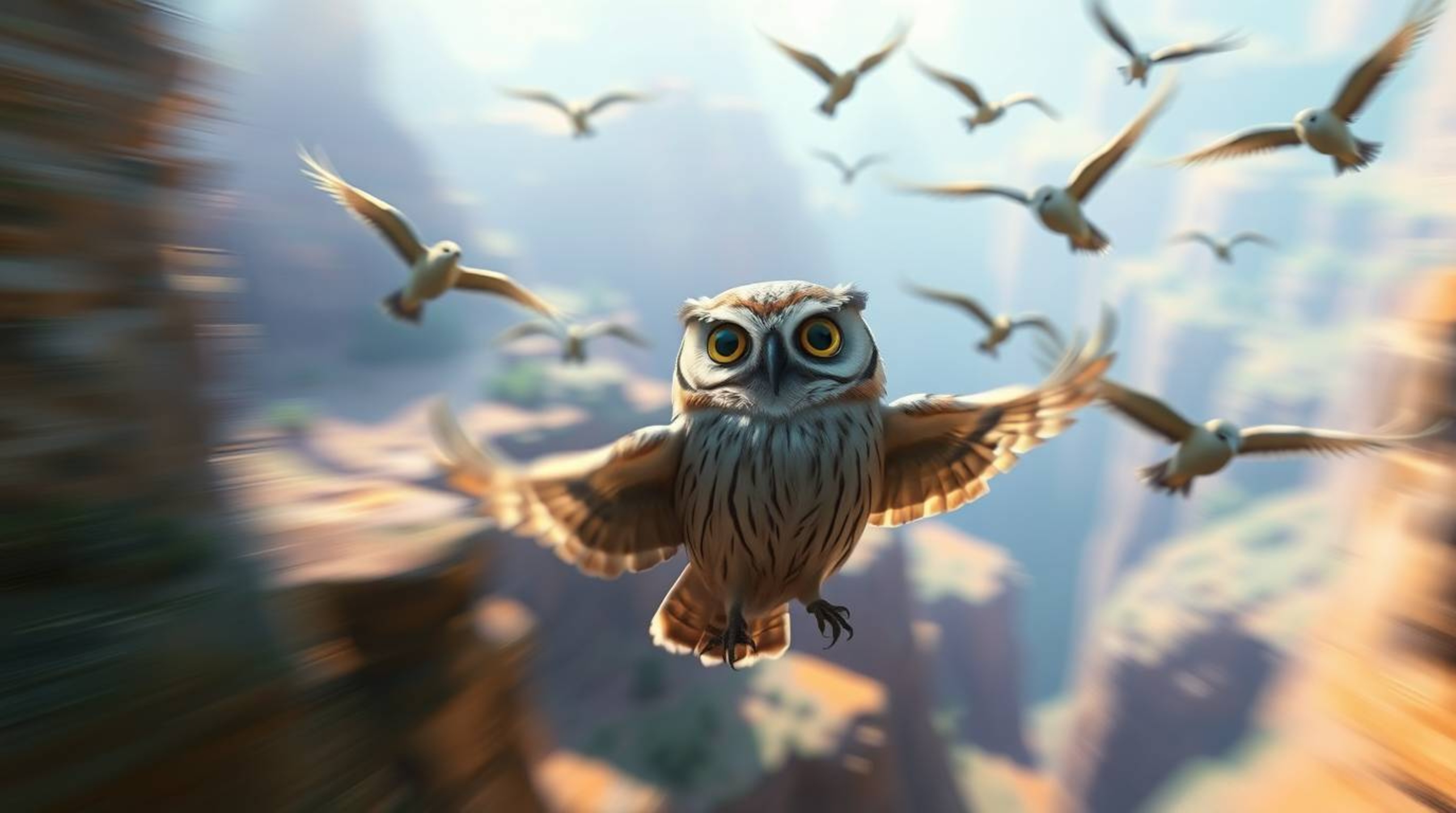 This cinematic long-exposure photograph captures a deeply ethereal and spiritual vibe, featuring a wise, blind owl rendered i