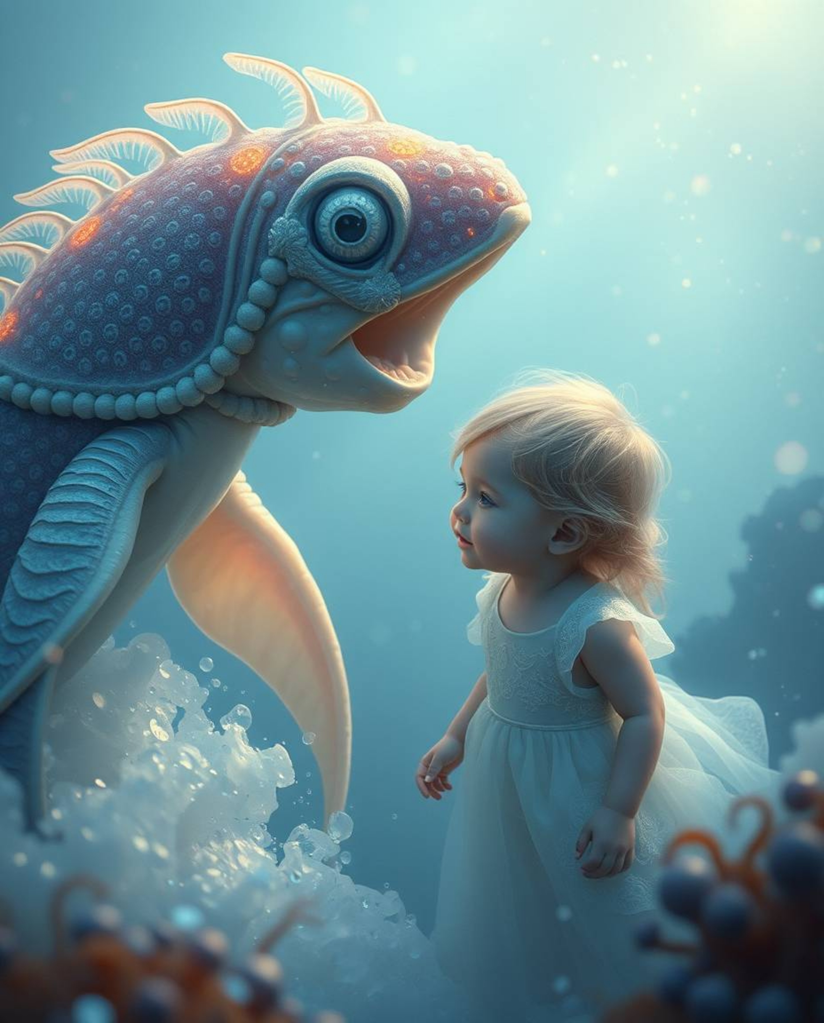 Experience a magical connection between a sea creature and a human child in an ethereal underwater realm. Iridescent colors d