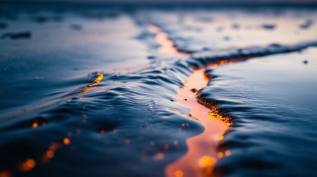 A captivating close-up shot showcases a river delta bathed in the ethereal glow of twilight colors. The scene is illuminated 