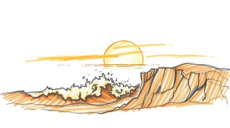 A hand-drawn sketch in natural earth tones depicts silhouetted waves crashing on cliffs beneath a blazing sunset sky.  Rough 