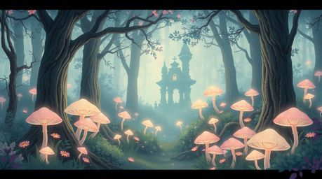 Step into a dreamy, vintage-style enchanted forest rendered in soft pastel colors, reminiscent of Isekai anime. Glowing mushr