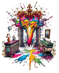 Explore a captivating traditional tattoo art print showcasing a room exploding with paint in a vibrant retro style. The artwo