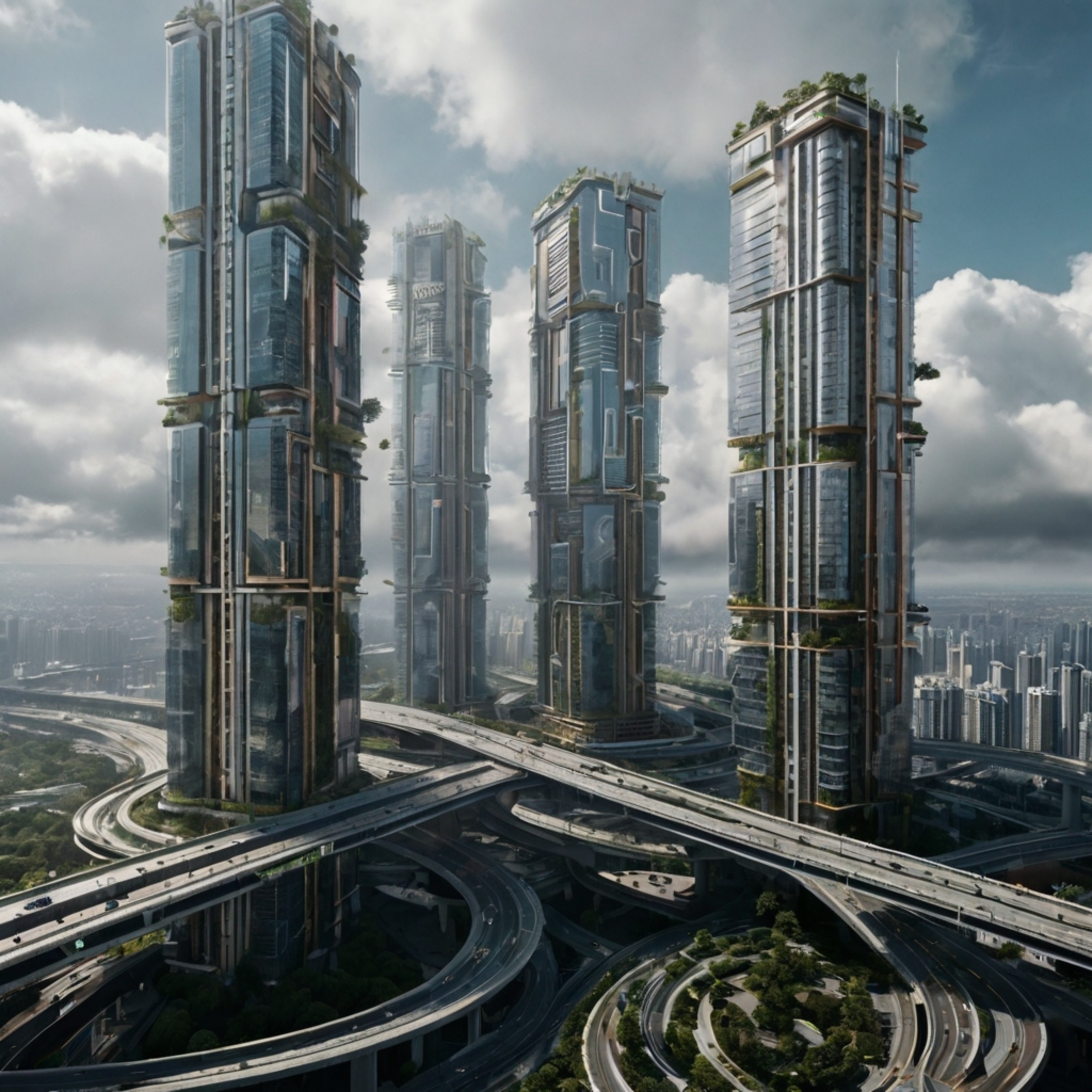 Imagine a breathtaking futuristic vertical city where life unfolds across multi-layered streets, with suspended highways weav