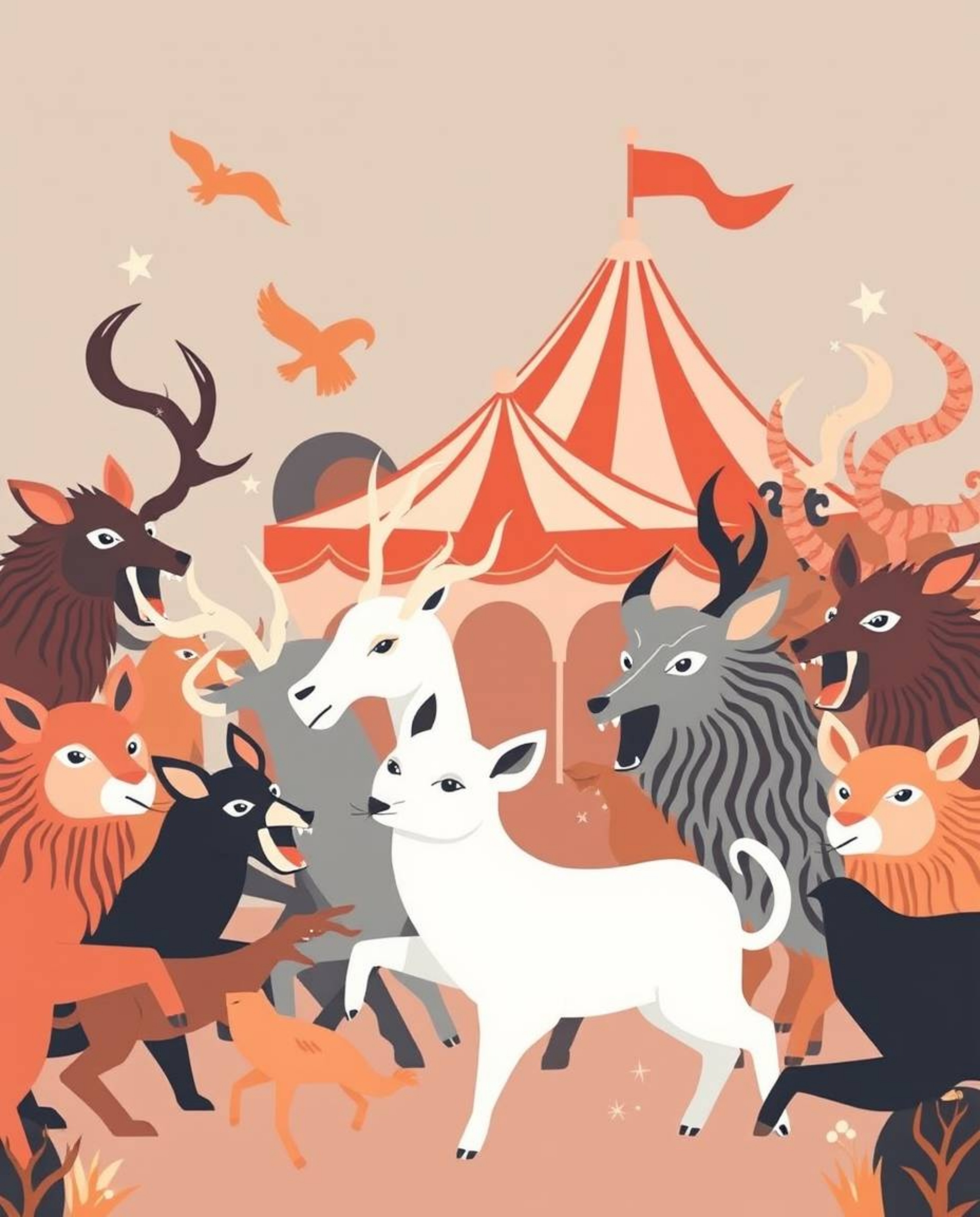 Imagine a vibrant carnival scene unexpectedly invaded by wild animals, all depicted in a sleek, modern flat design. This artw