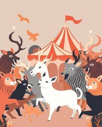 Imagine a vibrant carnival scene unexpectedly invaded by wild animals, all depicted in a sleek, modern flat design. This artw