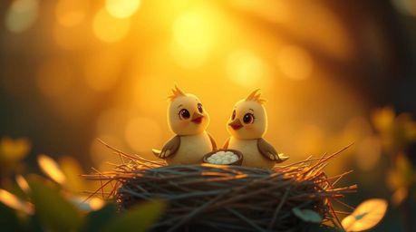 A captivating scene featuring two cartoon birds in a classic animation style, diligently building a nest amidst a warm golden