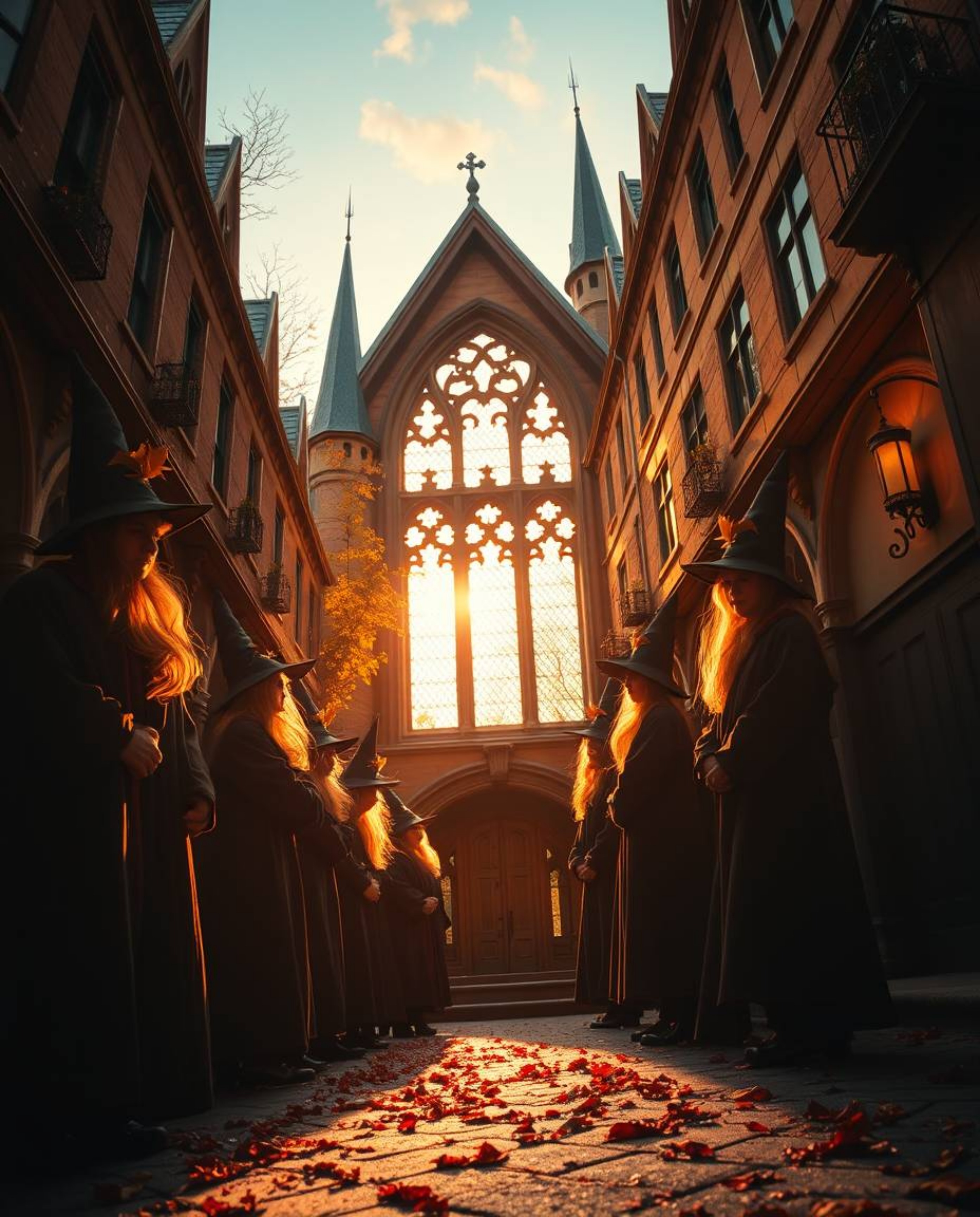 Experience the magic!  A captivating low-angle shot reveals a whimsical school brimming with young wizards, bathed in the war