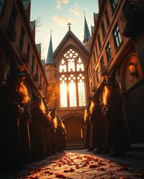 Experience the magic!  A captivating low-angle shot reveals a whimsical school brimming with young wizards, bathed in the war