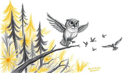 A captivating hand-drawn pencil sketch depicts a wise-looking, blind owl guiding several small birds in flight through a lush