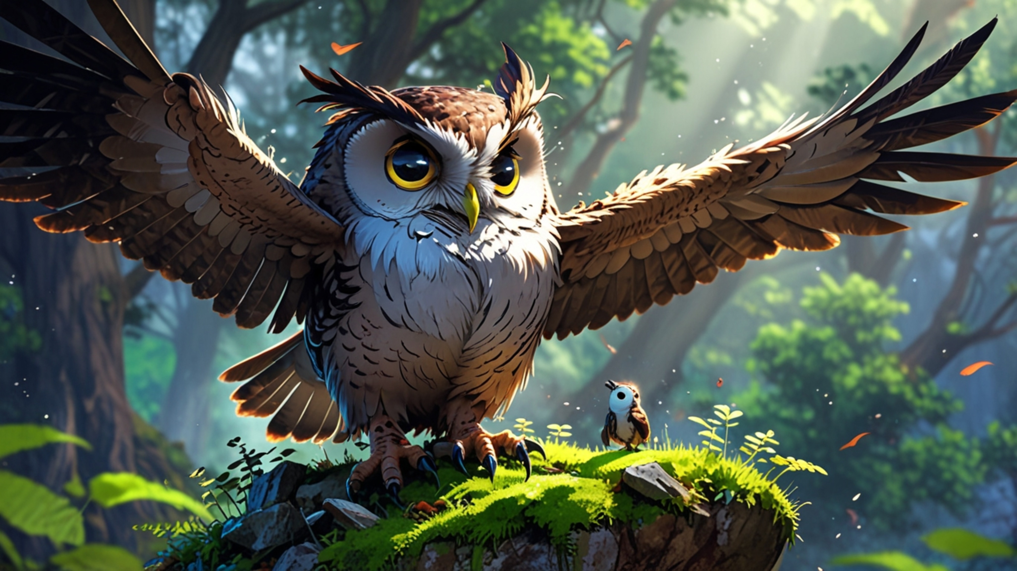 A serene and contemplative scene, beautifully rendered in a blend of Pixar and anime styles. A wise blind owl is depicted sit