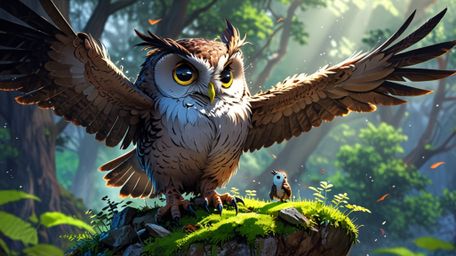 A serene and contemplative scene, beautifully rendered in a blend of Pixar and anime styles. A wise blind owl is depicted sit