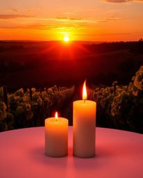 This image captures a radiant and luxurious sunset over a vineyard, bathed in the intimate warmth of candlelight. The flicker