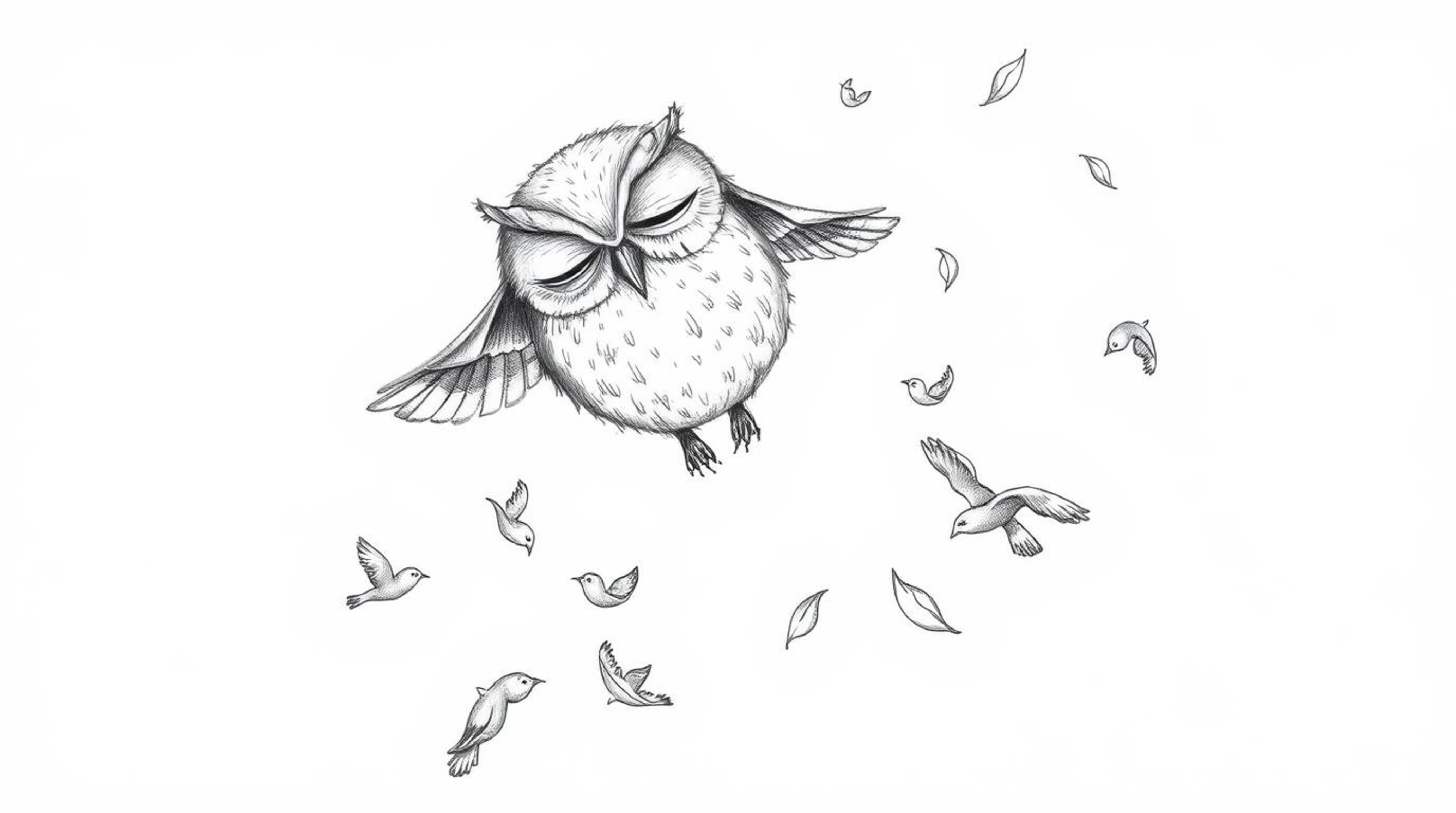 This artwork showcases a hand-drawn, textured pencil sketch of a blind owl inspired by Pixar animation. The owl, with a calm 