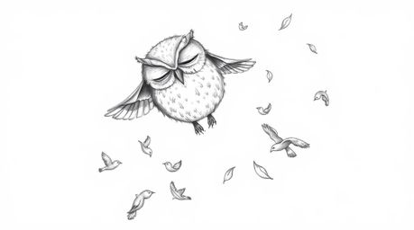 This artwork showcases a hand-drawn, textured pencil sketch of a blind owl inspired by Pixar animation. The owl, with a calm 