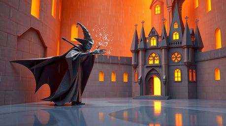A captivating origami-style illustration depicts a classic Disney villain casting a spell within a rain-drenched castle.  The